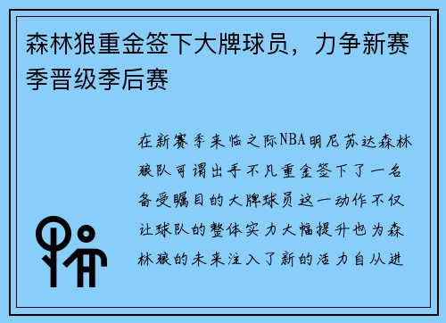 森林狼重金签下大牌球员，力争新赛季晋级季后赛