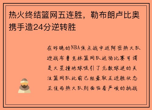 热火终结篮网五连胜，勒布朗卢比奥携手造24分逆转胜